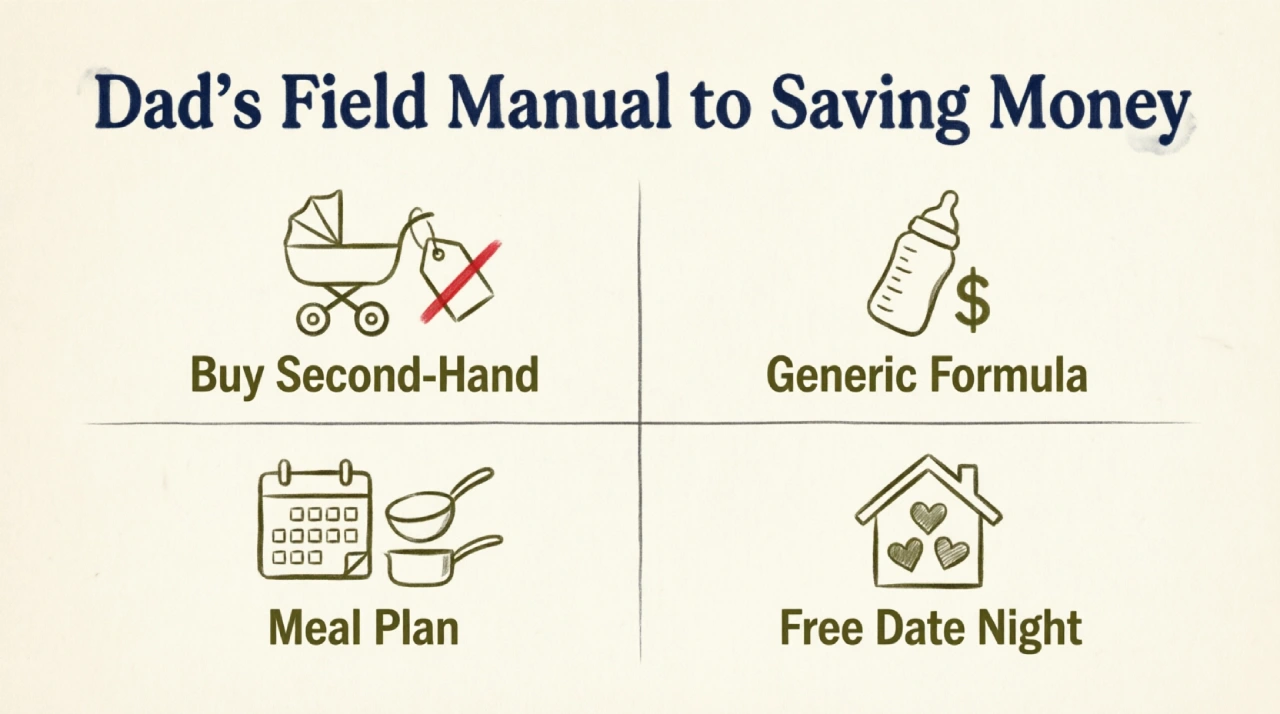 Infographic showing 12 tips to save over 5000 dollars raising a child including buying second-hand and cooking at home