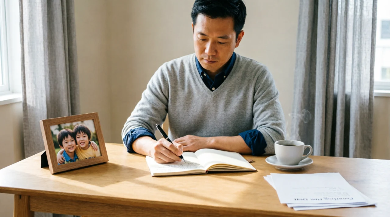 Father calmly preparing custody paperwork and notes at home, with a photo of his children in front of him.