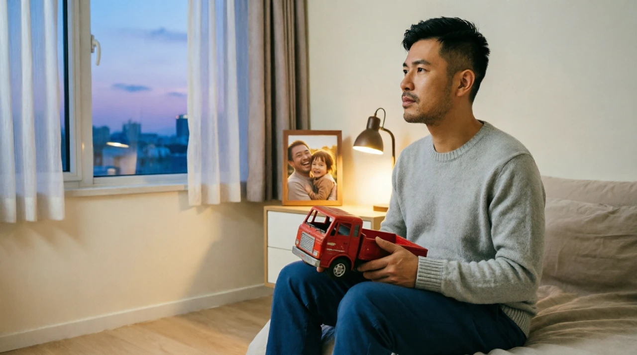 Worried father holding a child's teddy bear in a quiet bedroom, feeling the emotional weight of an upcoming custody hearing.