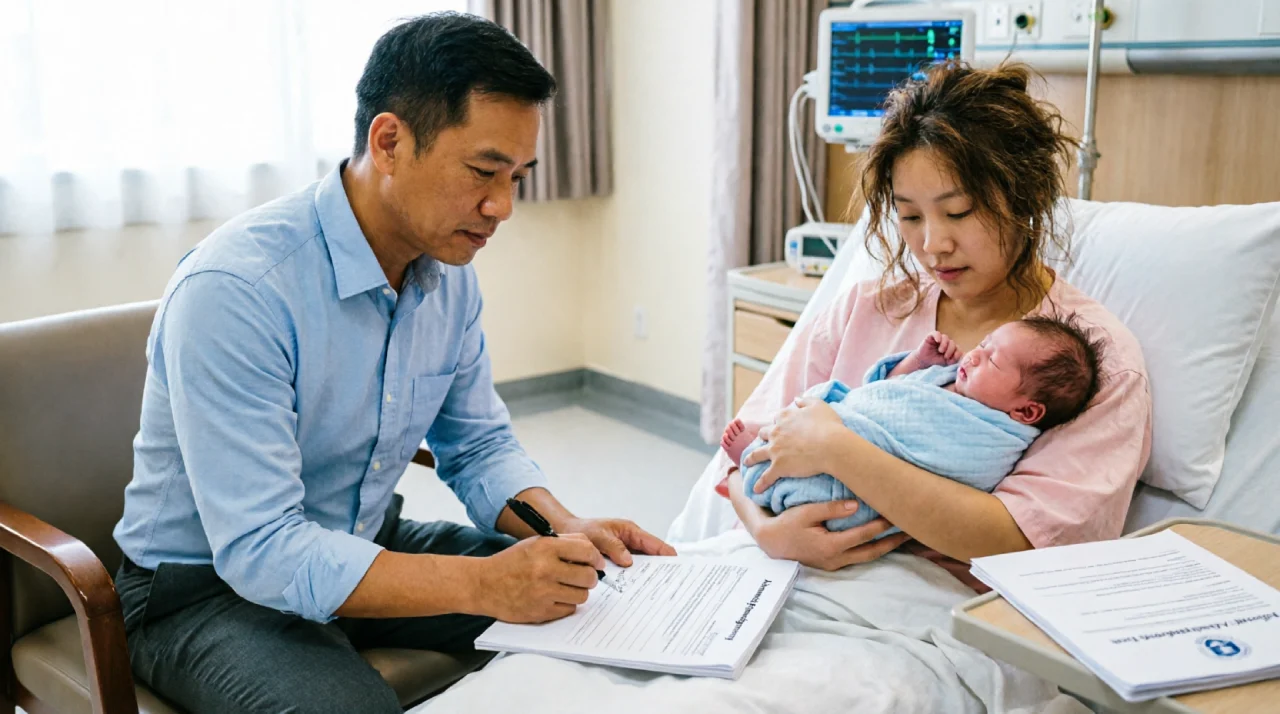 Father signing acknowledgment of paternity forms at hospital