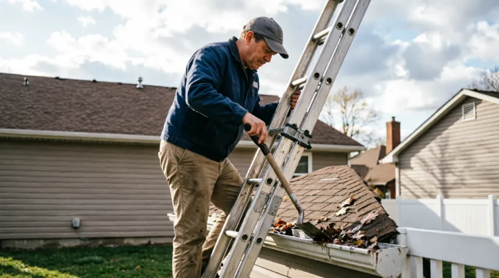 Homeowner cleaning leaves from a gutter while standing on a ladder.