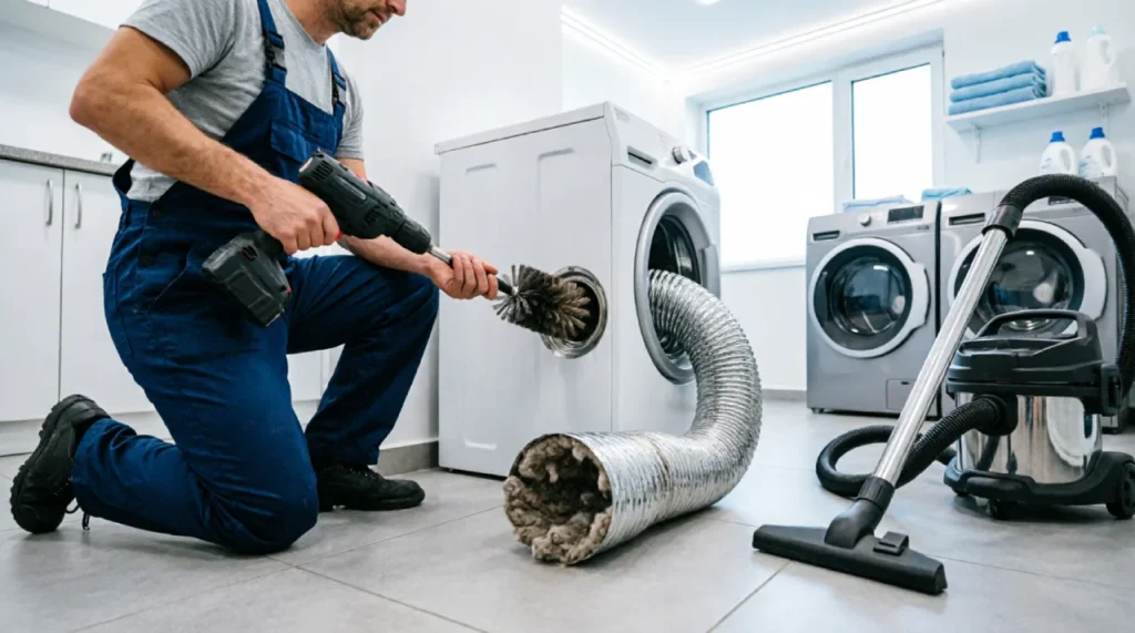 Homeowner using a brush and drill to clean a clogged dryer vent hose, preventing fire risk.
