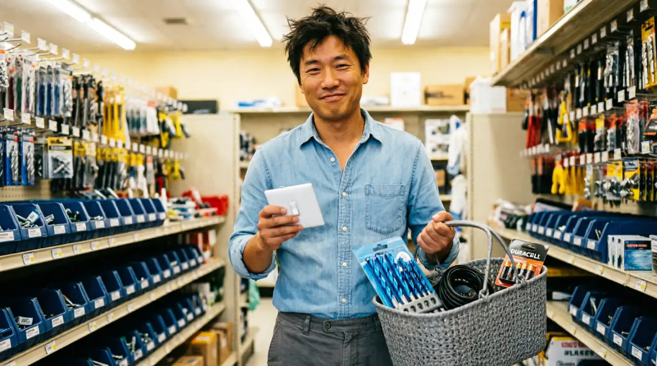 Dad standing in a hardware store holding a light switch plate with a basket full of extra unplanned items, illustrating the Dad Tax.