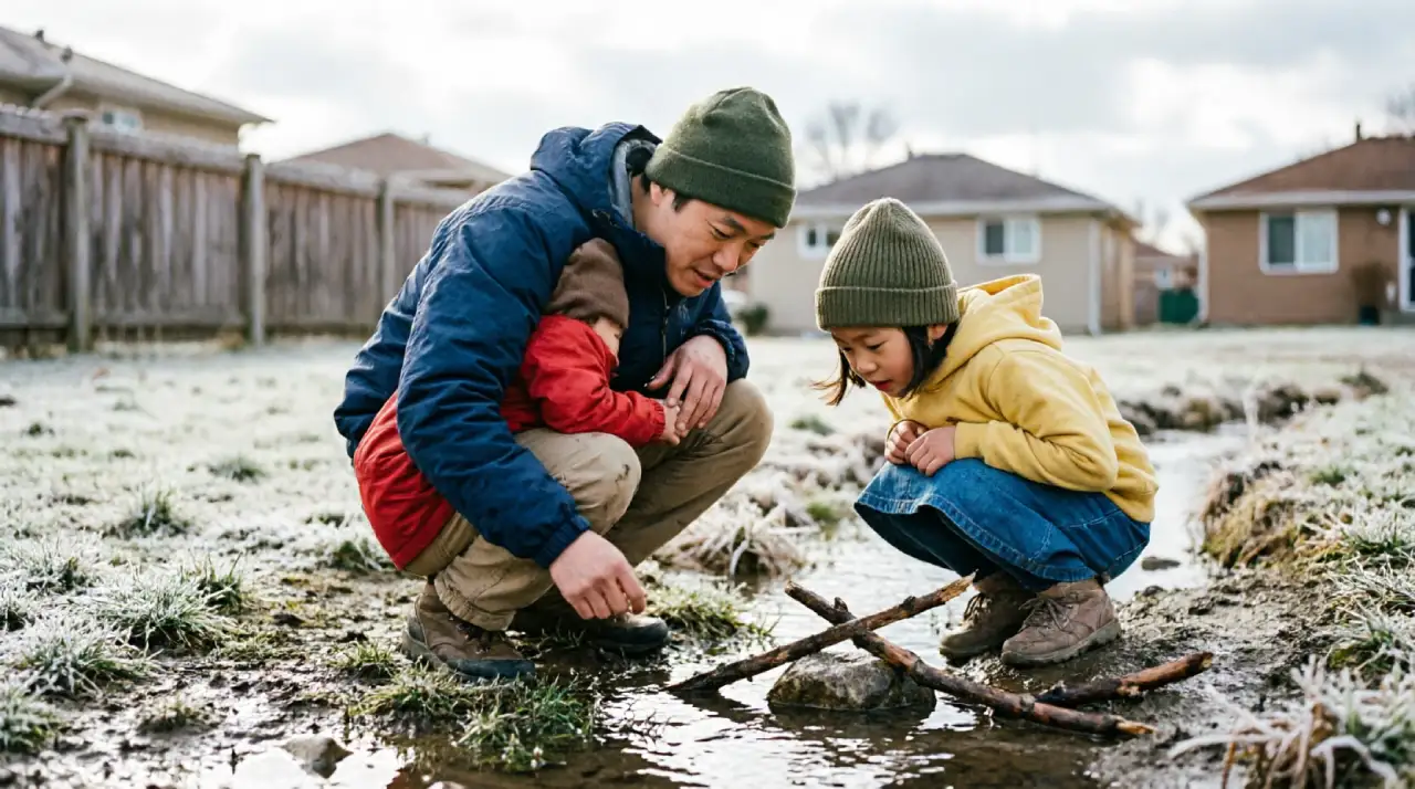 Dad crouching with son and daughter beside a small creek on a free neighborhood explorer walk in early spring
