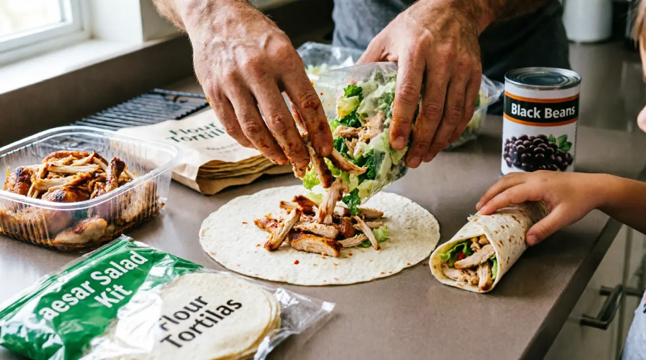Dad assembling a no-cook chicken wrap from the Assembly Meal Matrix, a cheap and easy dinner for families.