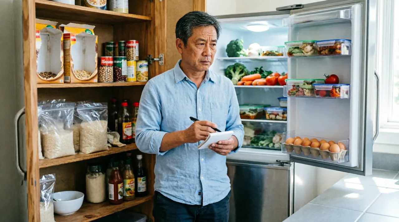 Dad doing a pantry and fridge audit as the first step of the Backwards Shopping method to save money on groceries.