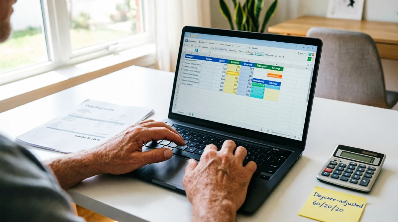 Dad adjusting a 50/30/20 family budget with kids on a spreadsheet while a daycare bill sits beside the laptop.