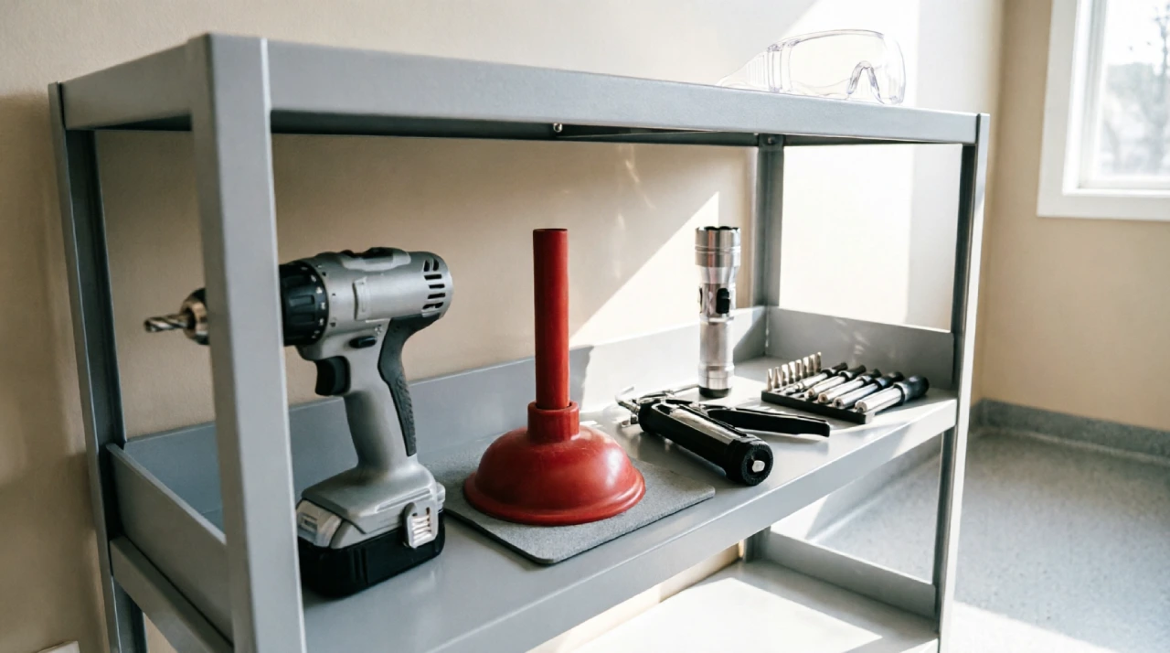 Collection of basic home maintenance tools including drill, plunger, and safety glasses.