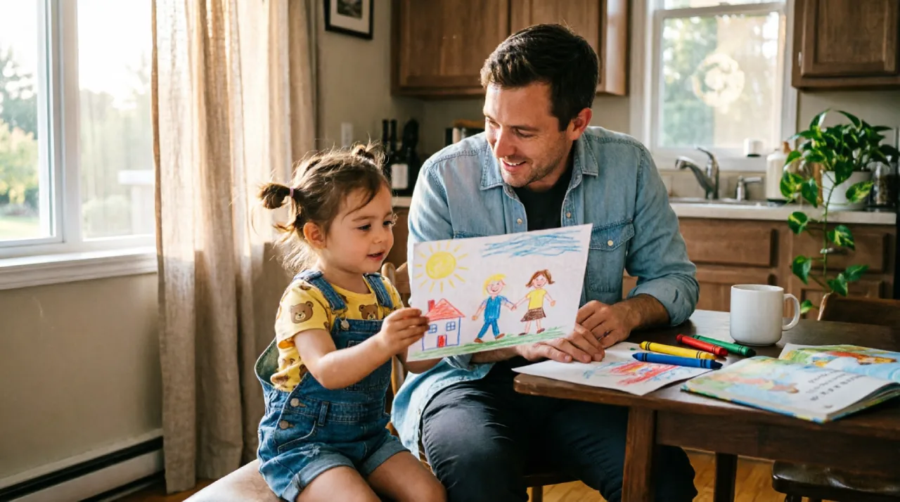 Father and daughter laughing together while drawing at a kitchen table, showing genuine daily involvement.