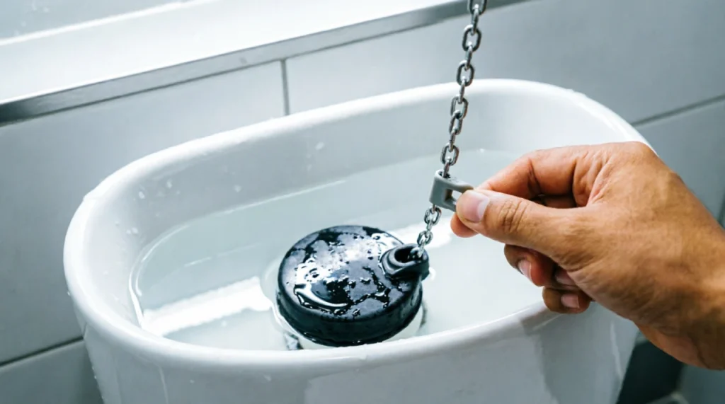 Hand adjusting the chain and flapper inside a toilet tank to fix a running toilet.