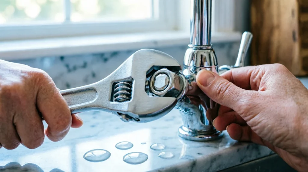 Close-up of hands using a wrench to repair a leaking kitchen faucet, DIY fix.