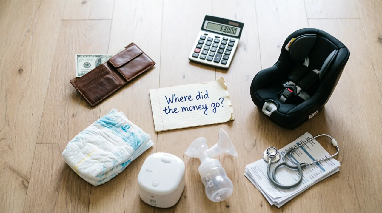 Hidden costs of raising a baby in year one including car seat diapers and medical bills with calculator showing 3000 dollars