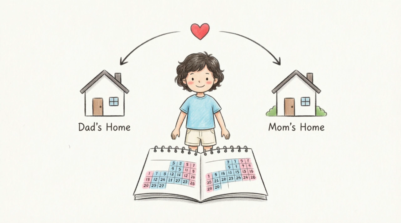 Illustration explaining joint physical custody with a child between two homes and a shared calendar.