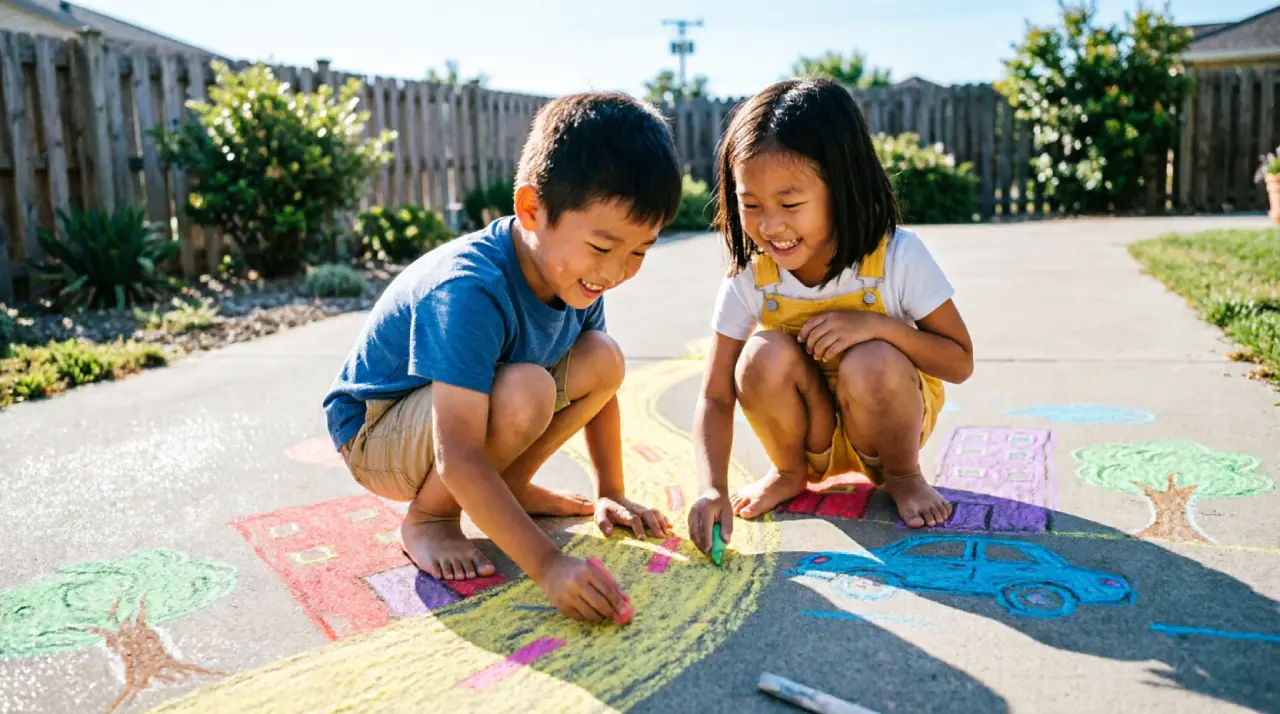 Two kids drawing a colorful chalk city on a driveway as a free outdoor family activity
