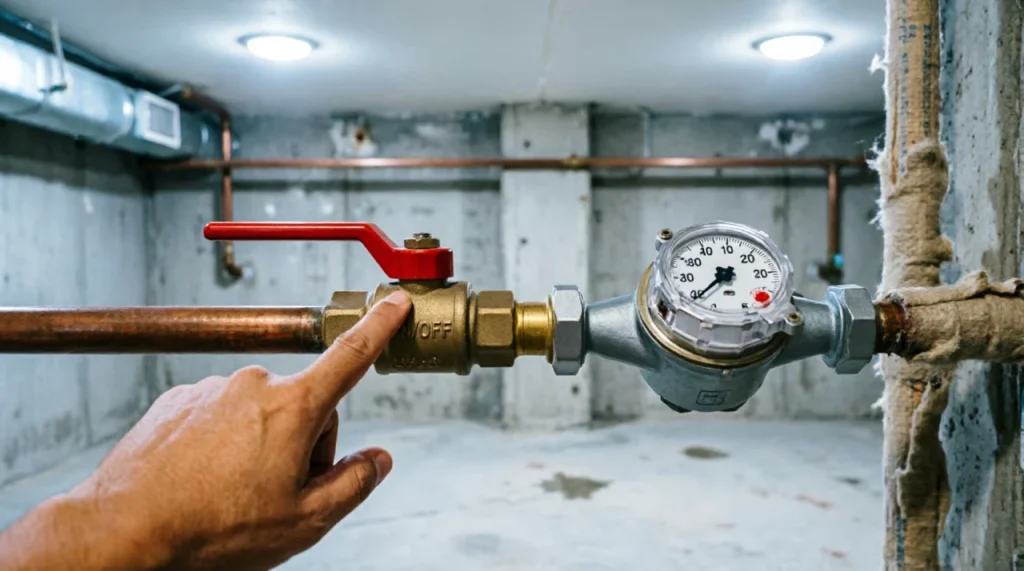 A hand pointing to the main water shut-off valve with a red handle in a basement.