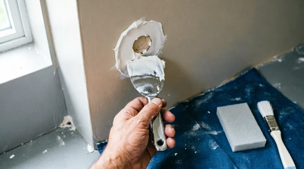 Hand applying spackle to repair a small drywall hole, DIY wall patch.