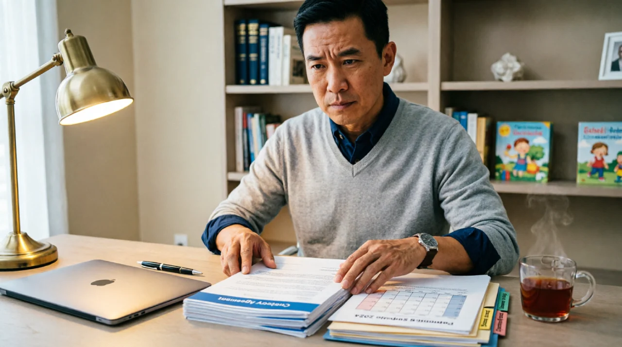 Father preparing documents during custody dispute