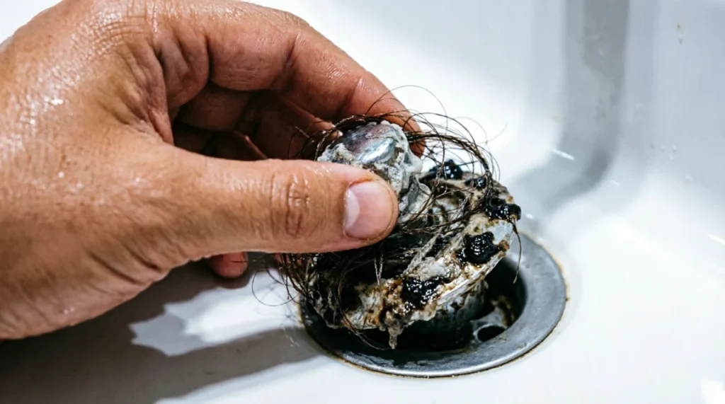 A hand removing a pop-up sink stopper full of hair and soap scum from a bathroom drain.