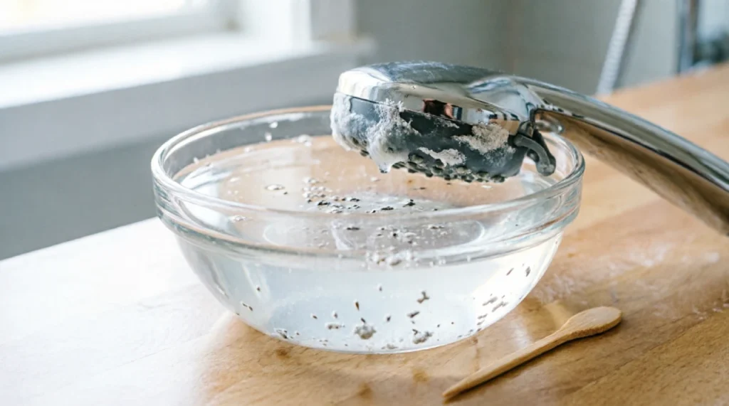 A showerhead soaking in a bowl of white vinegar to remove mineral buildup.
