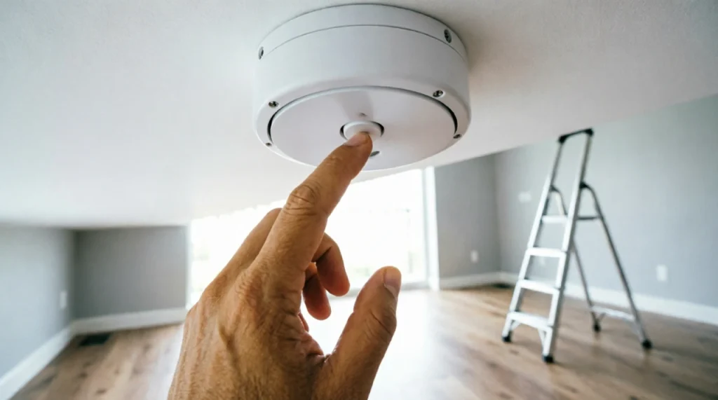 Hand pressing the test button on a ceiling-mounted smoke detector.