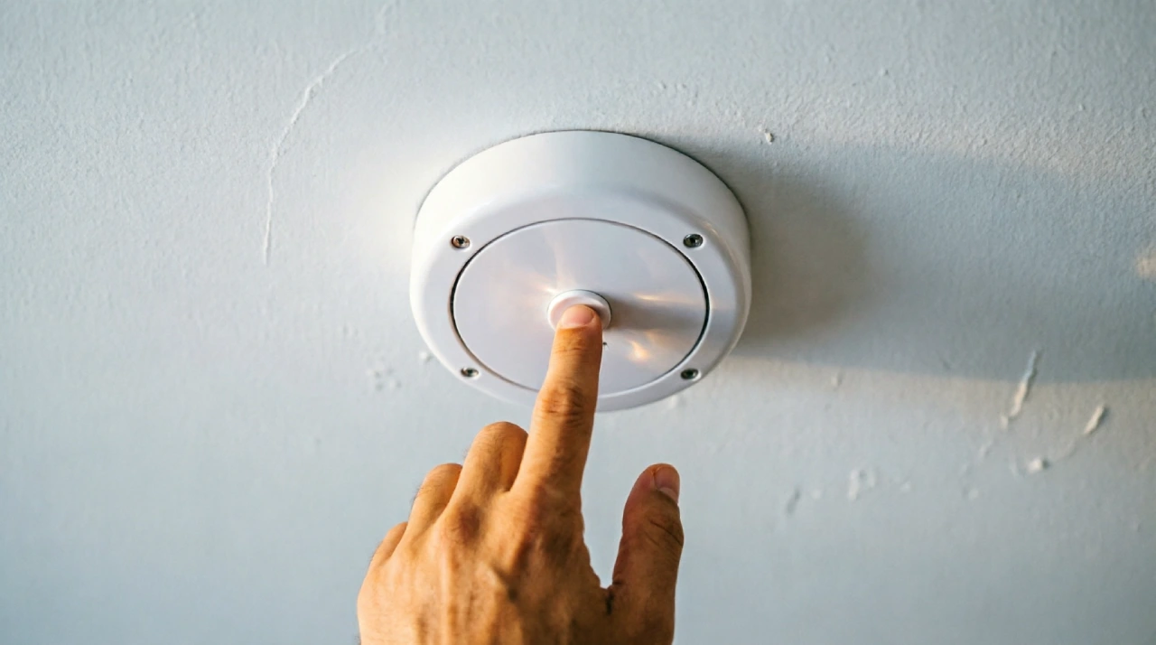 Person testing a smoke alarm as part of a monthly home maintenance routine.