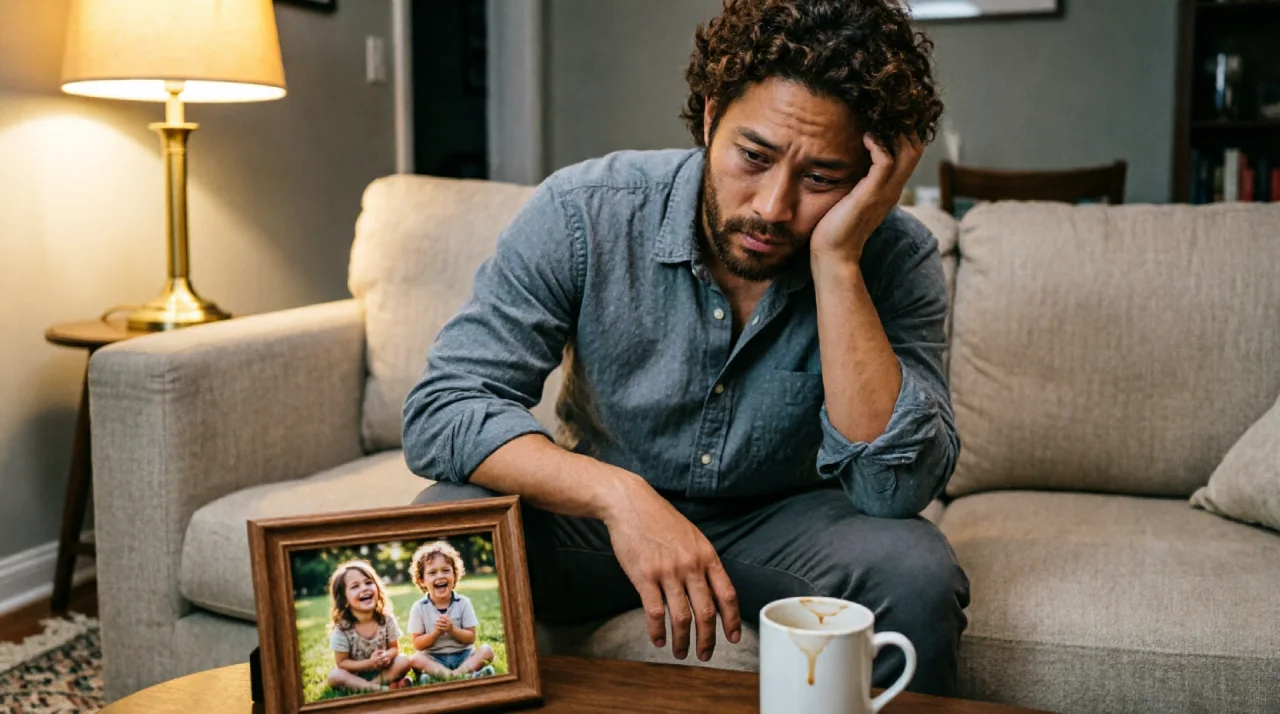A worried dad sitting alone at night, thinking about what would happen to his children if he died without a will.