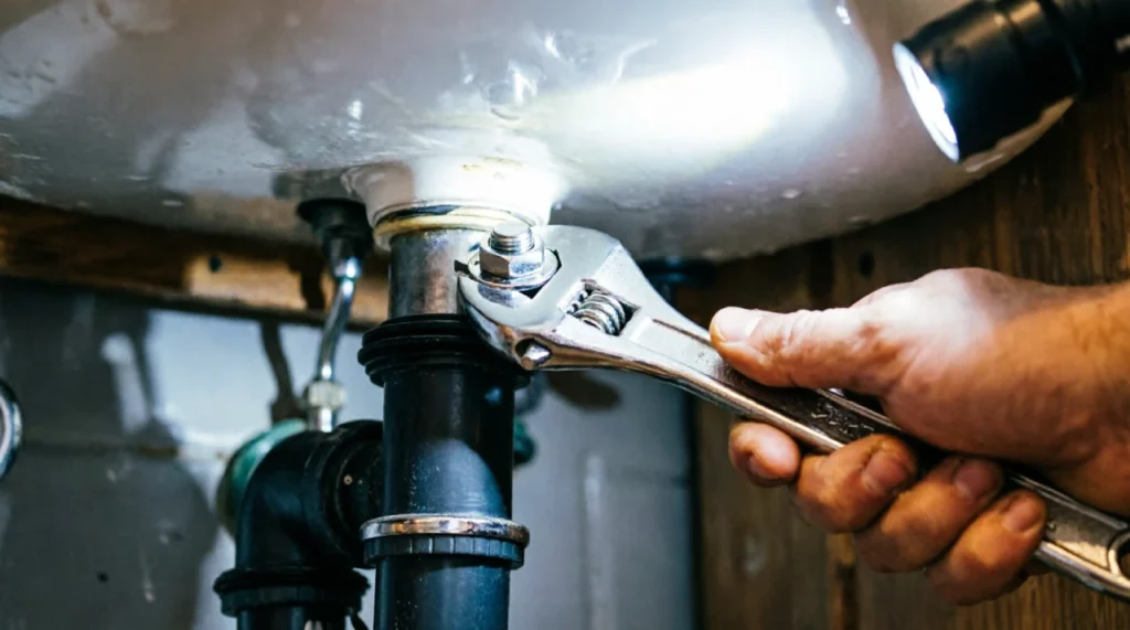 Hand with a basin wrench tightening the mounting nut of a kitchen faucet under the sink.