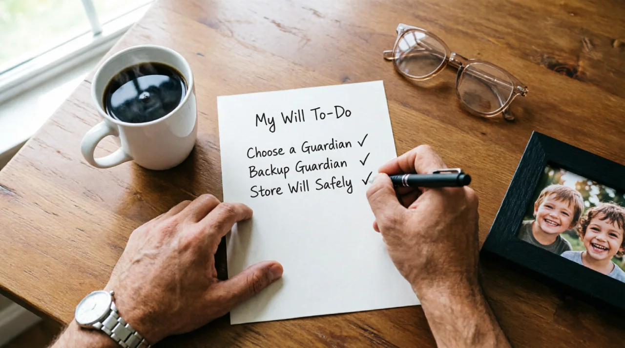 A dad's hands filling out a will planning checklist next to a photo of his children.