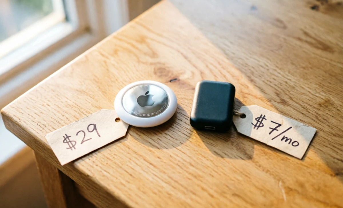 Apple AirTag and a GPS tracker placed side by side on a table showing the difference between the two devices for child tracking