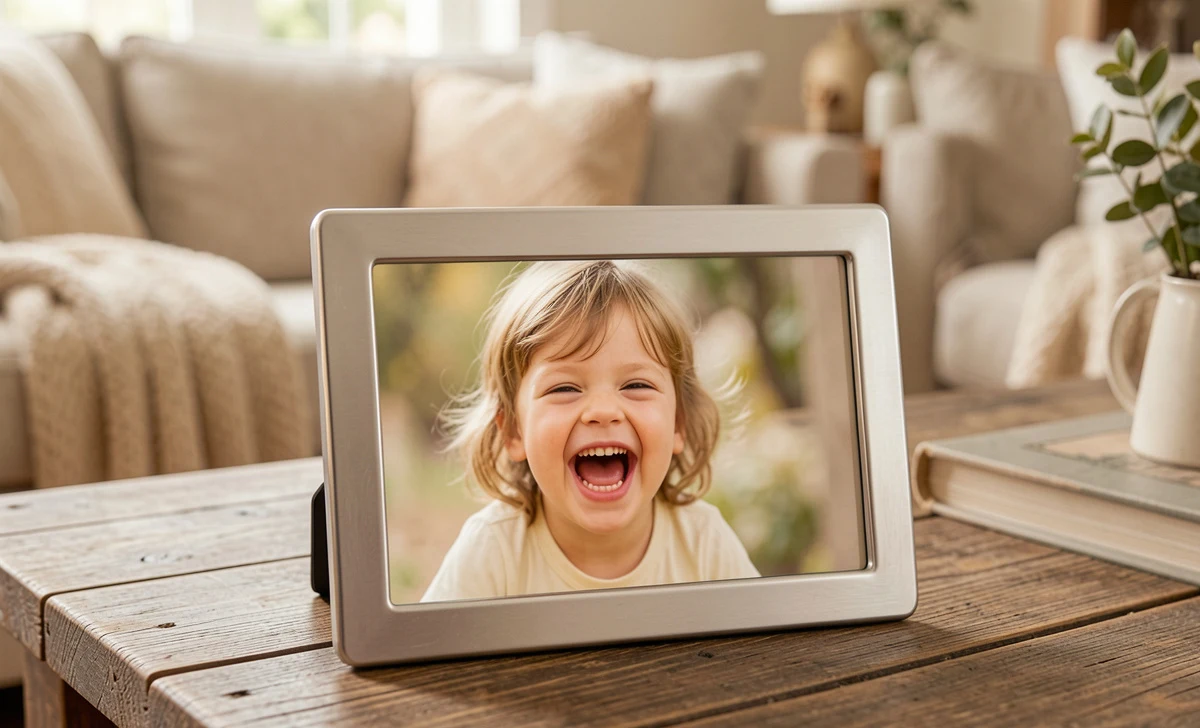 Best wifi digital photo frame grandparents – Aura Carver on coffee table showing grandchild photo