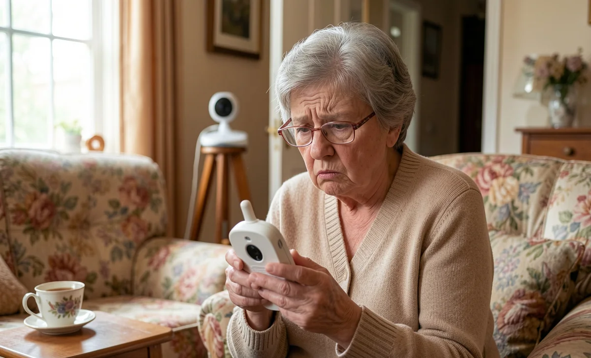 Confused grandmother holding a baby monitor parent unit — showing why dads need the best baby monitor dads and grandparents can both use easily