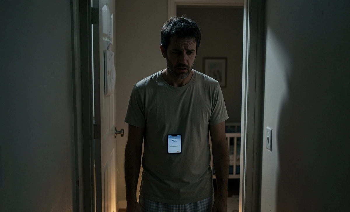 Tired dad looking at phone showing offline error while searching for best baby monitor dads can rely on at night