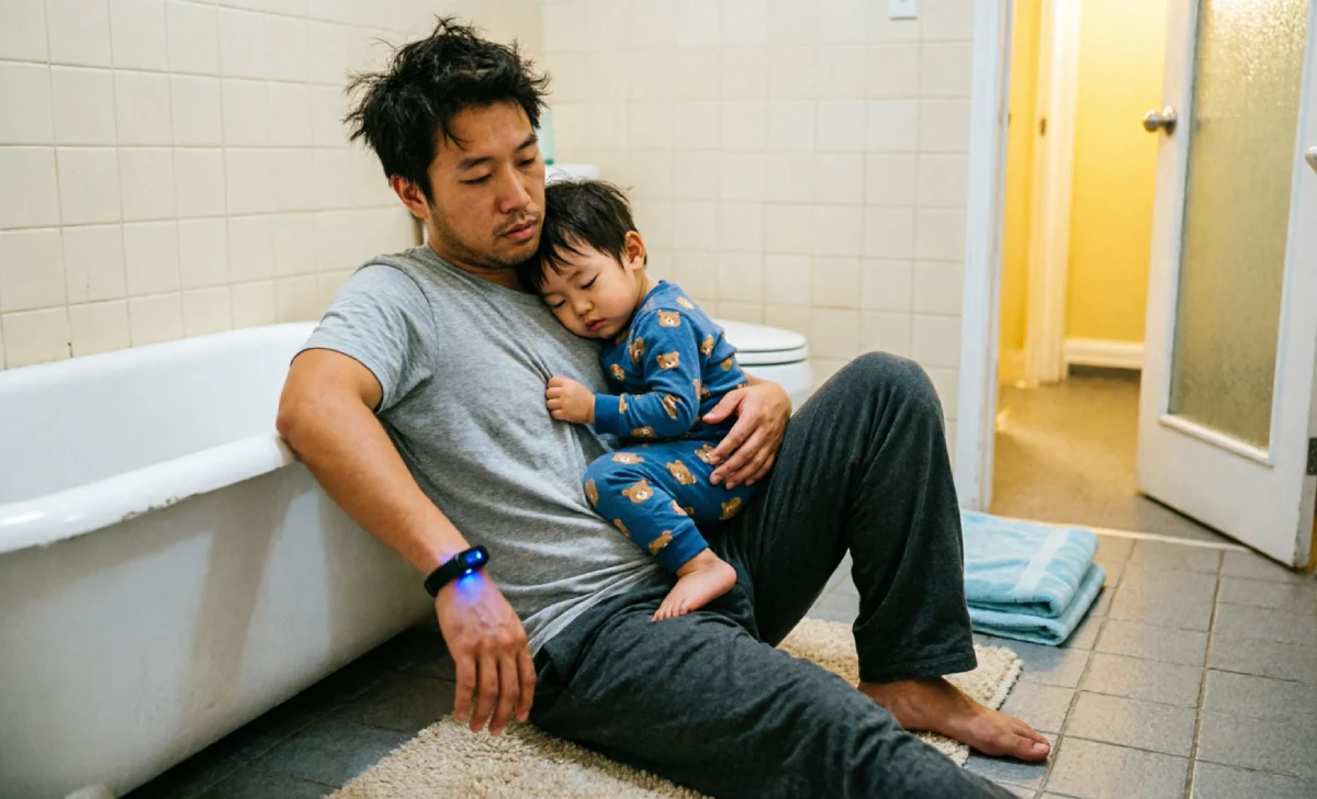 Tired dad wearing the best budget fitness tracker while holding sleeping toddler on bathroom floor at night.