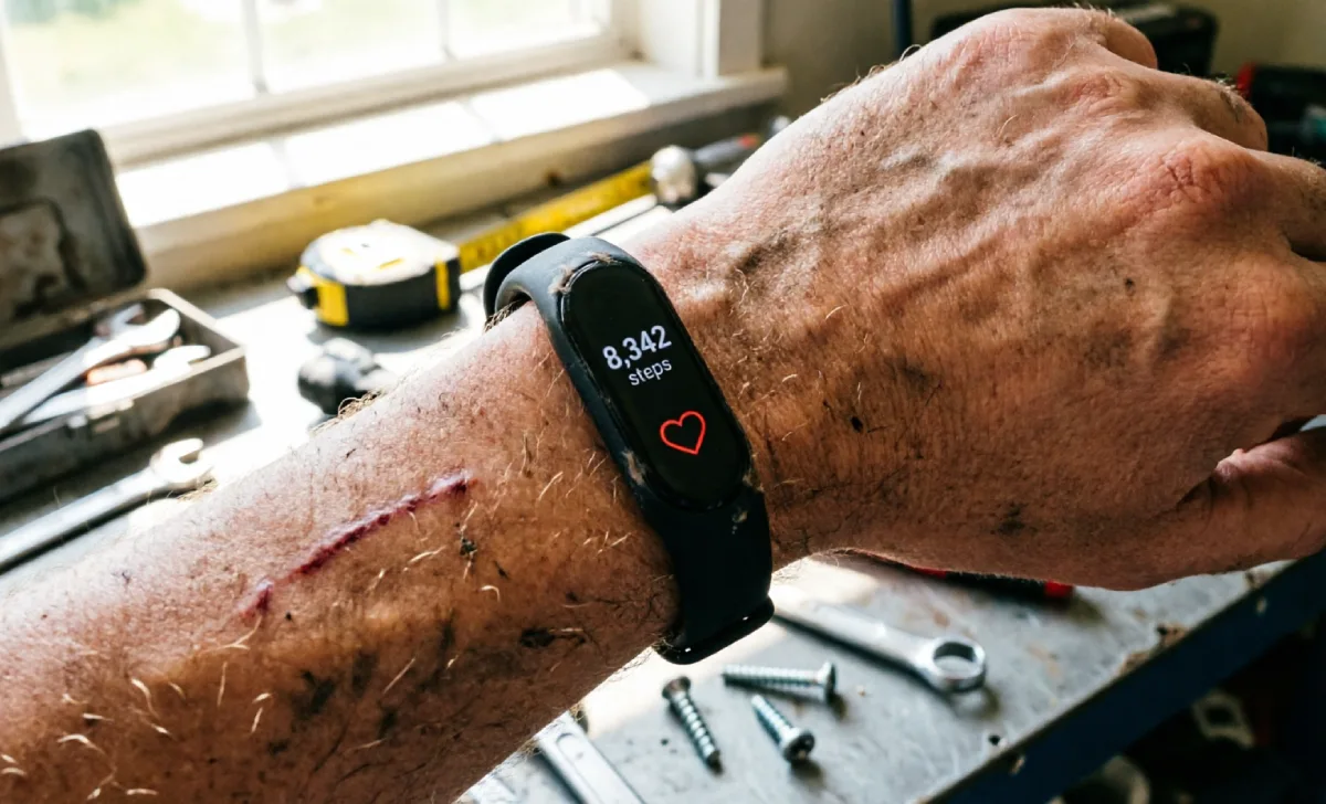 Best budget fitness tracker on a dad's scratched wrist in a garage.