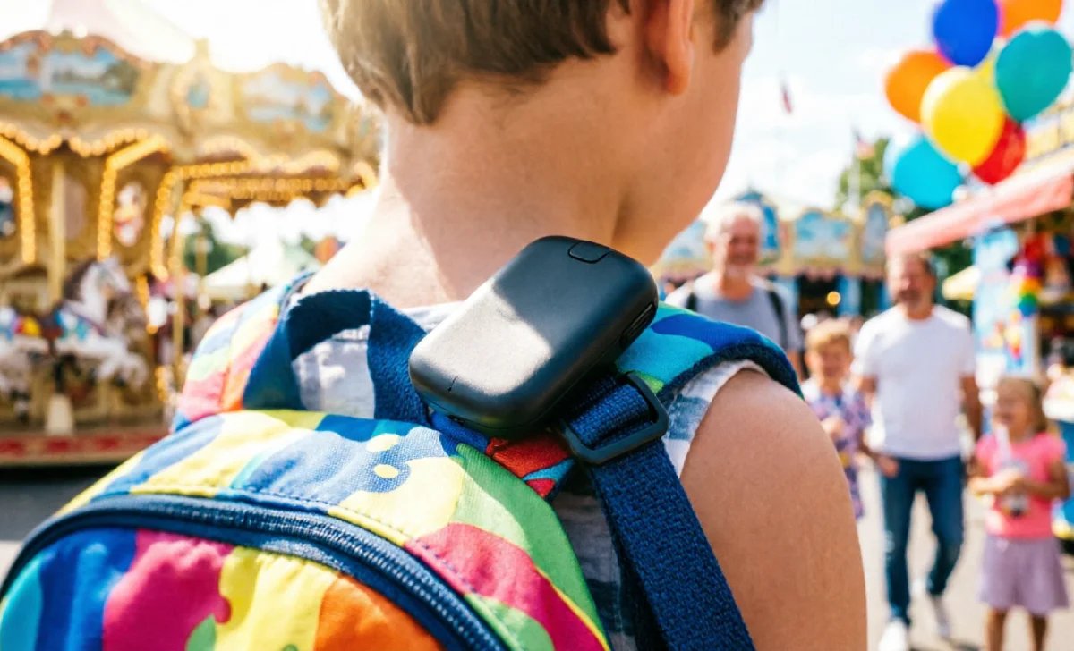 Small GPS tracker clipped to a child's backpack strap at a busy theme park — best GPS tracker kids theme parks guide