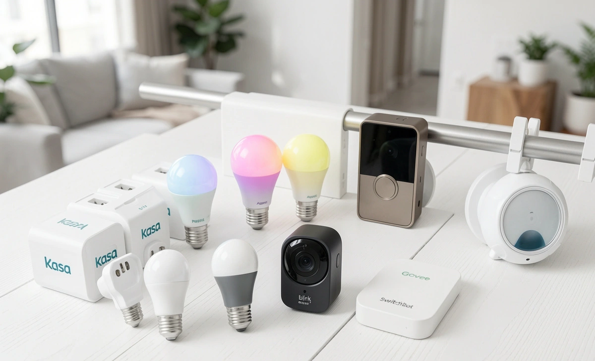 7 best smart home devices for renters including smart plugs, Philips Hue bulbs, August smart lock, Wyze camera, Blink doorbell, Govee water detector and SwitchBot curtain robot - all landlord-approved with no drilling or wiring needed