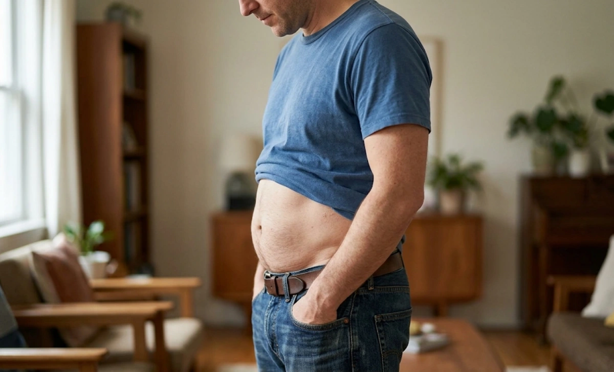 A dad in casual clothes showing a realistic midsection — illustrating visceral belly fat in 