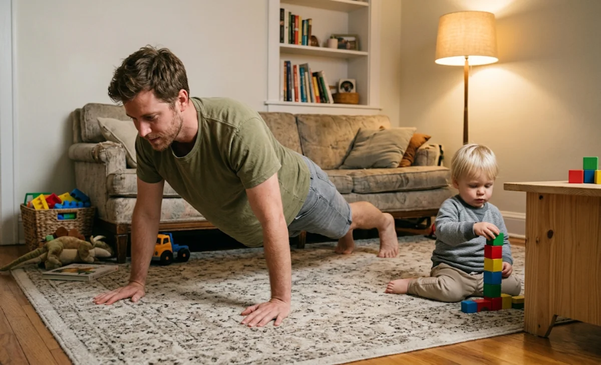 A dad doing push-ups in his living room while his toddler sits nearby, showing how to fight belly fat without a gym.