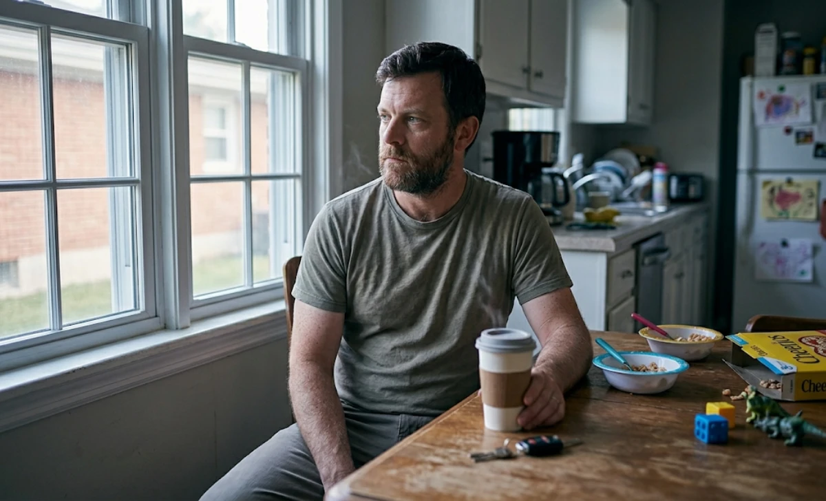Dad staring out the window at the kitchen table while his coffee goes cold