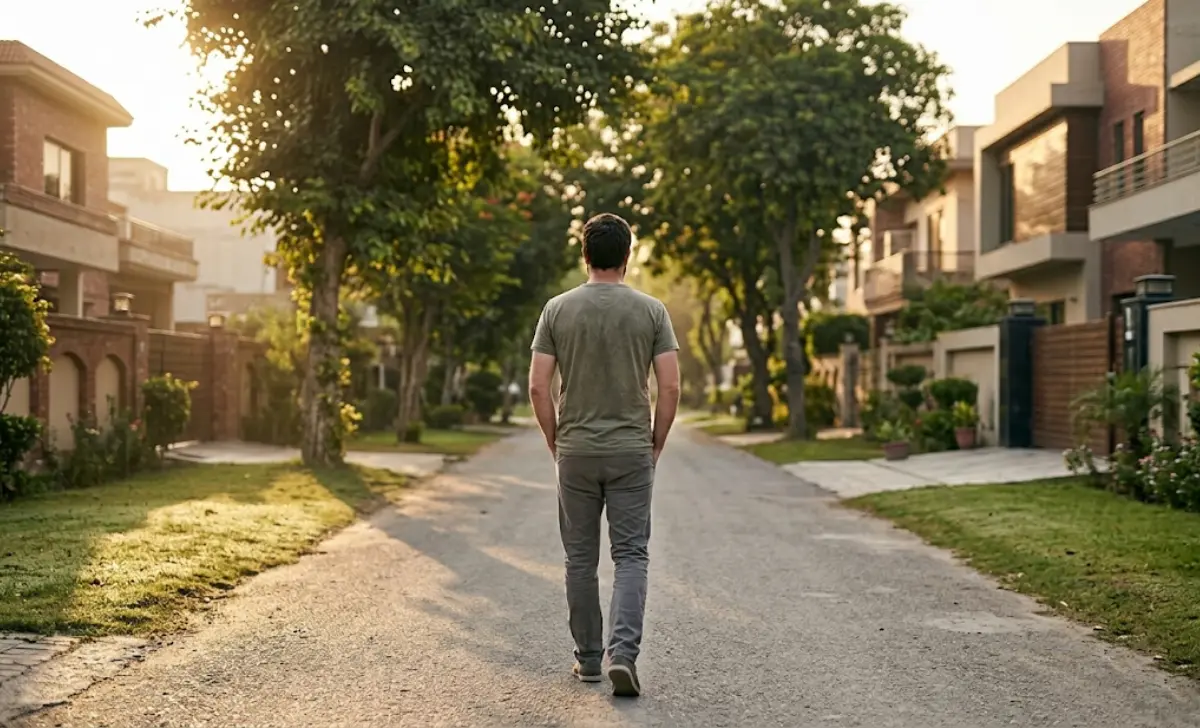 Dad walking alone on a quiet street in the early morning
