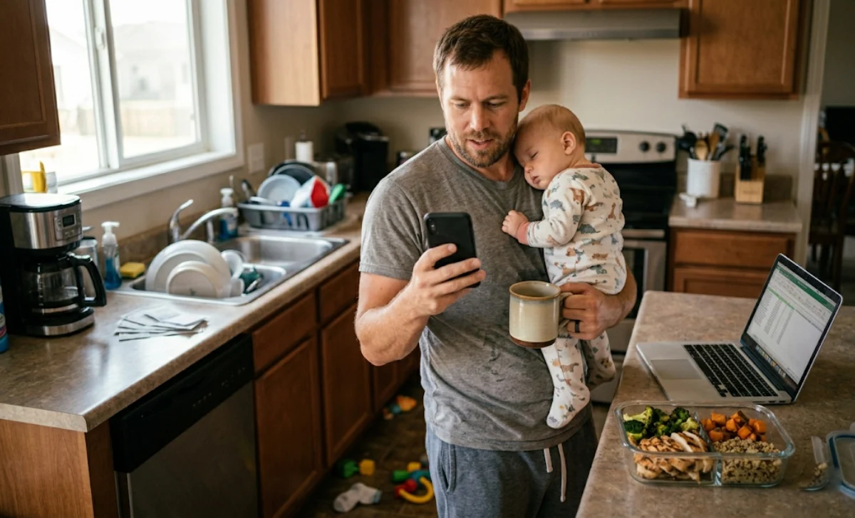 Busy dad managing weight loss for dads over 30 while caring for kids and work