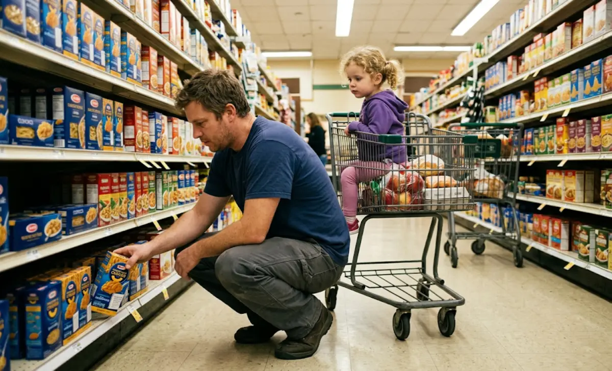 A dad squats down in a grocery store aisle, feeling his belly as his daughter watches from the cart.