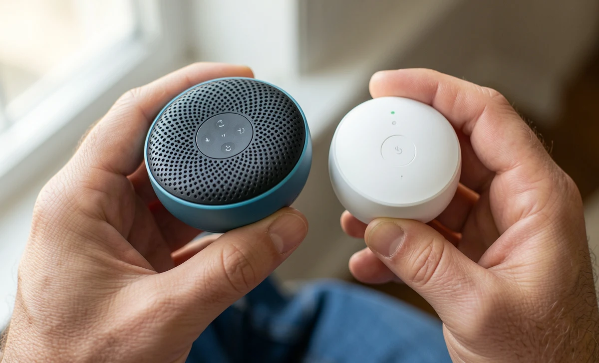 Dad holding smart speaker choices with bulbs and plug nearby — real products for a smart home for beginners family.