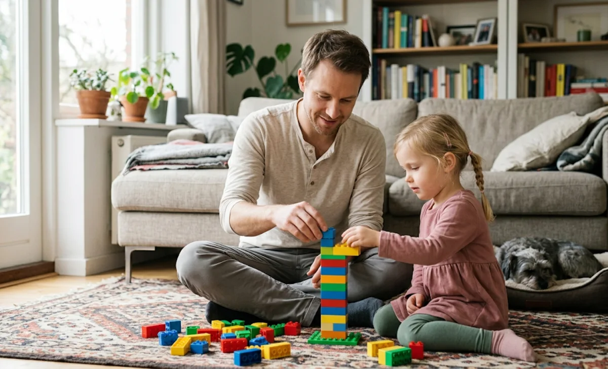 A dad sitting on the floor building Legos with his child, lowering stress and naturally fighting belly fat.