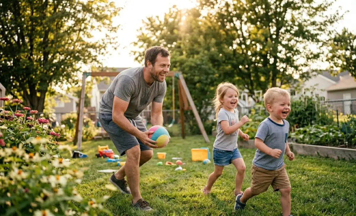 Active dad playing with kids showing results of weight loss for dads over 30