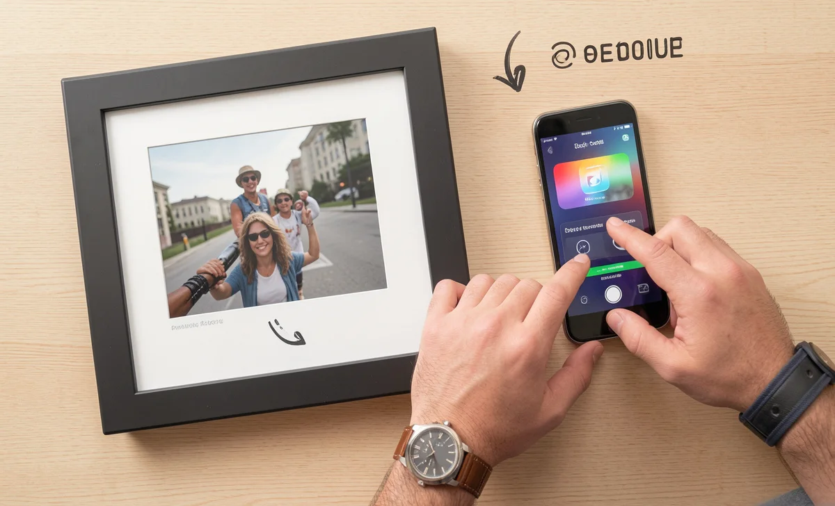 Best wifi digital photo frame grandparents setup – dad pairing phone to frame on kitchen table