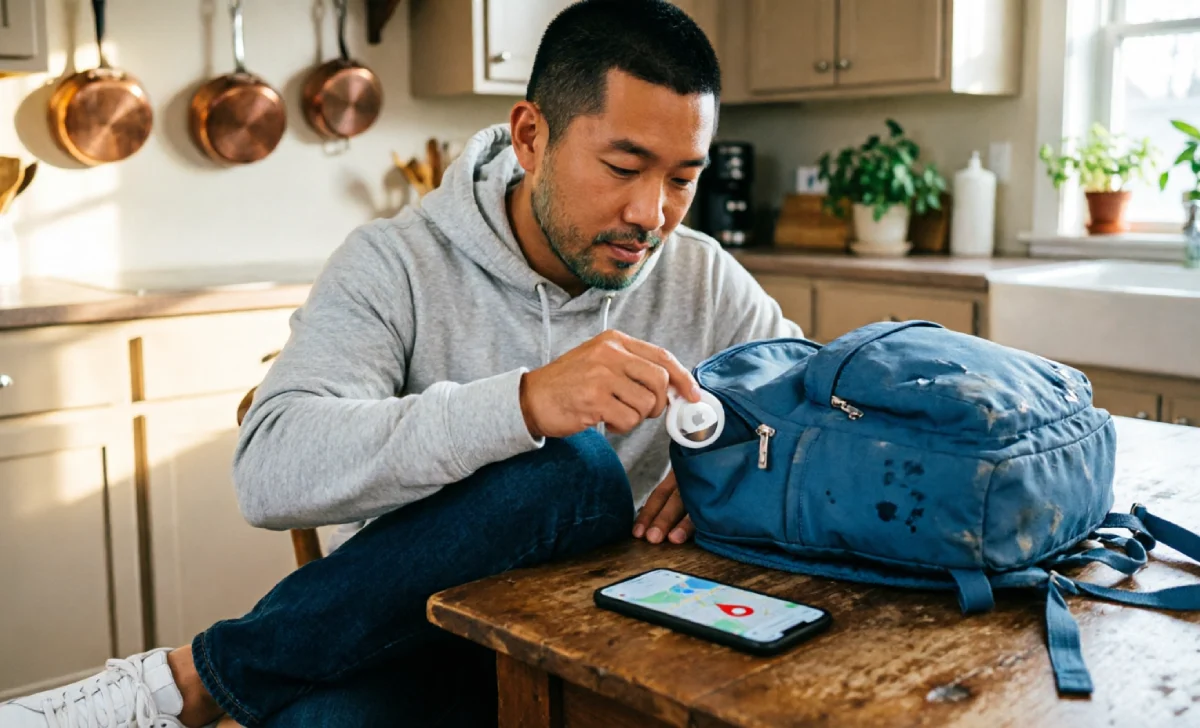 A dad attaching an AirTag vs GPS tracker to a child's school backpack at a kitchen table to test which works better for kids