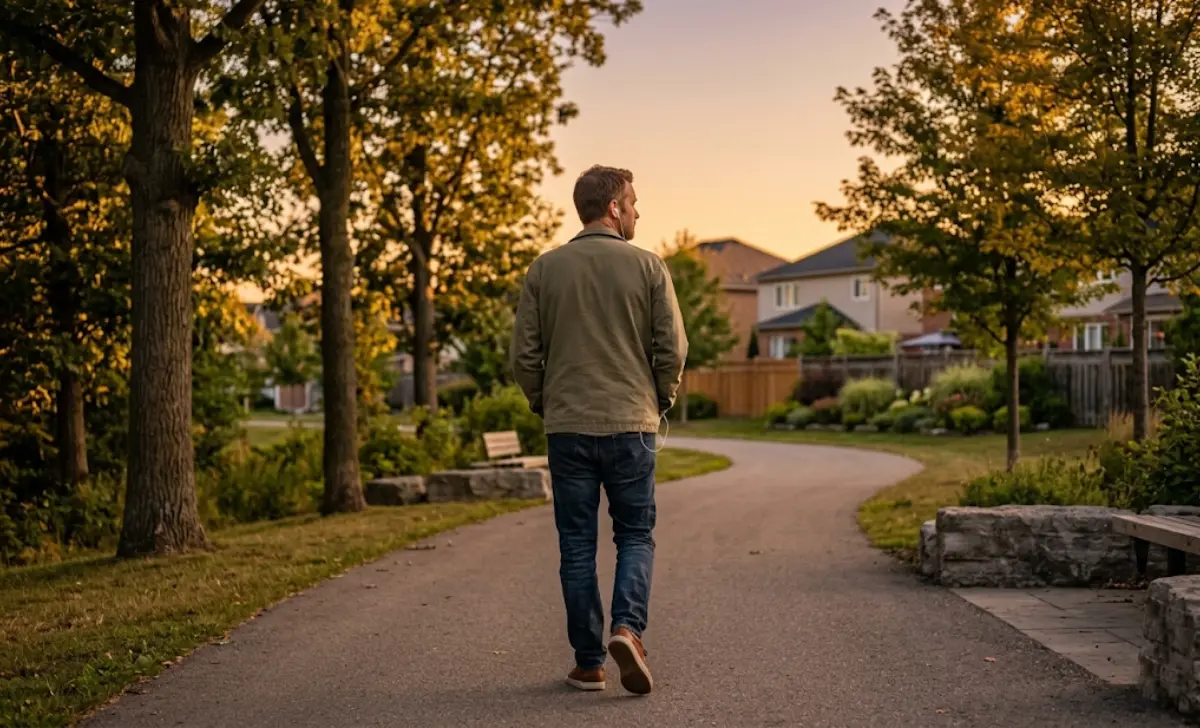 A dad walking alone on a quiet path at golden hour with earbuds in — his personal time during the 6-6-6 challenge