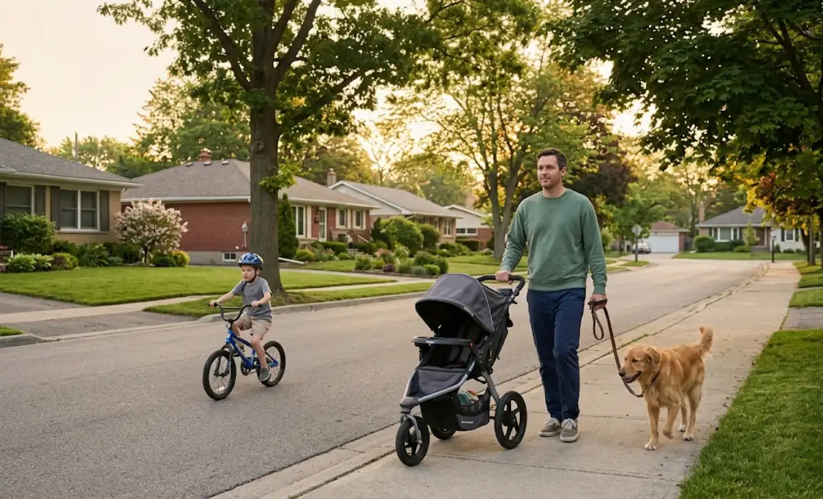 A dad walking the dog and kids on a quiet street during his morning routine