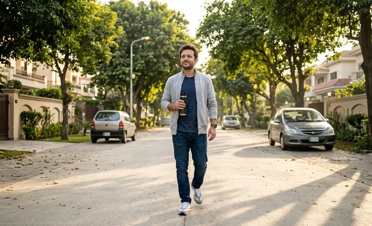 A regular dad walking outside in the morning as a simple way to lose the dad bod without a gym